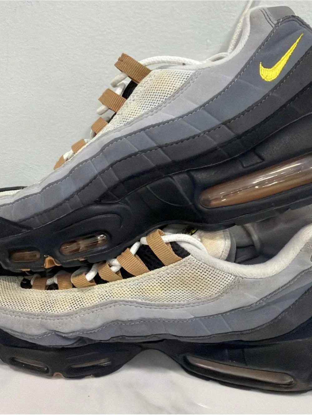Nike Men's Black Gray Tan Air Max Sneakers with Yellow Logo